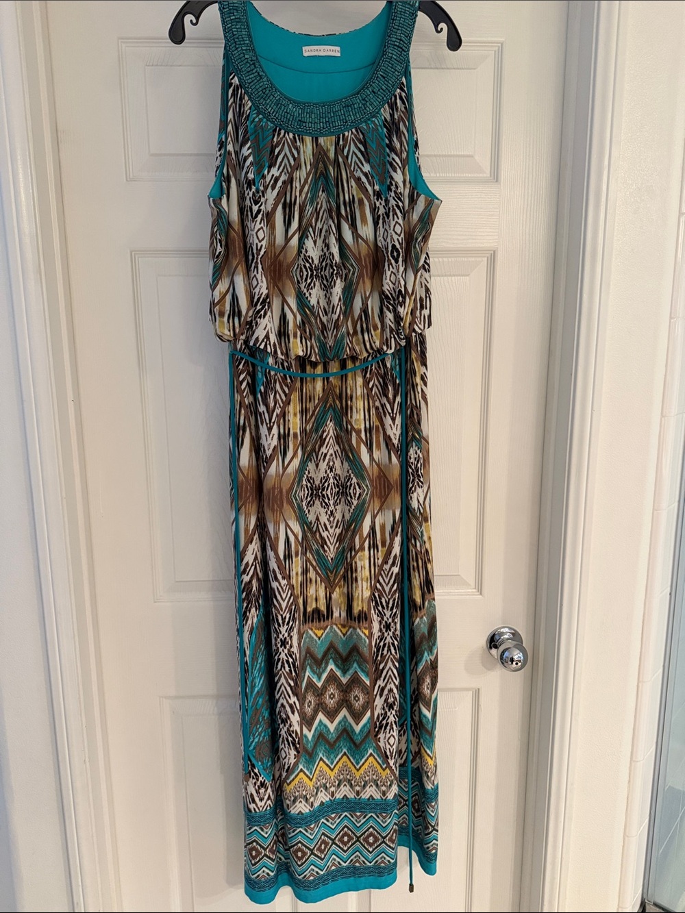 Sandra Darren Teal & Multi Print Braded Collar Maxi Dress